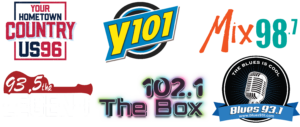 Digio Strategies Jackson logos of 6 stations. Your Hometown Country US 96, Y-101, Mix 98-7, 93-5 the Legend, Blues 93-1 and 102 point 1 The Box