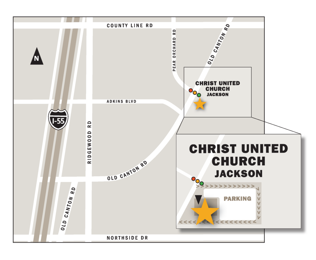 Map of Christ United Church with 2 entrances off Old Canton Road. And building entrances and parking on north and south ends. 