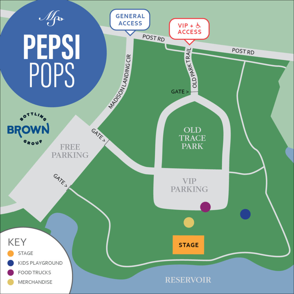 Map of Pepsi Pops entrance, parking and festivity areas.