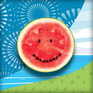 Pepsi Pops graphic with smiling watermelon and spring landscape background