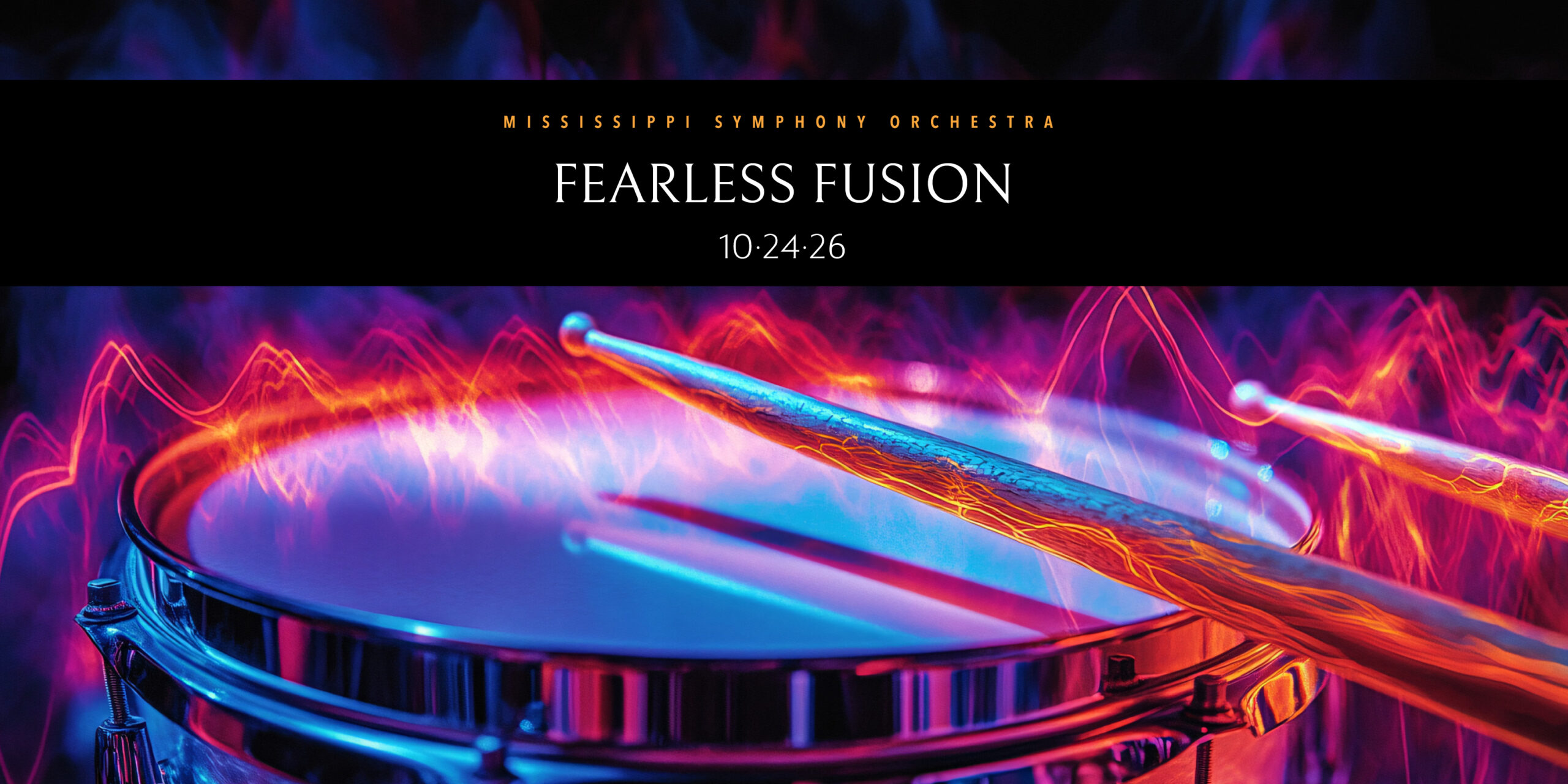 Fearless Fusion concert promotional graphic with drumsticks and red-blue light trail effect