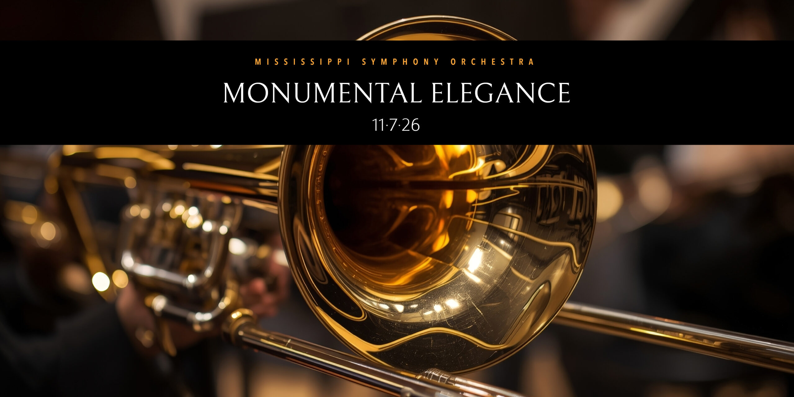 Monumental Elegance concert promotional graphic featuring a trombone