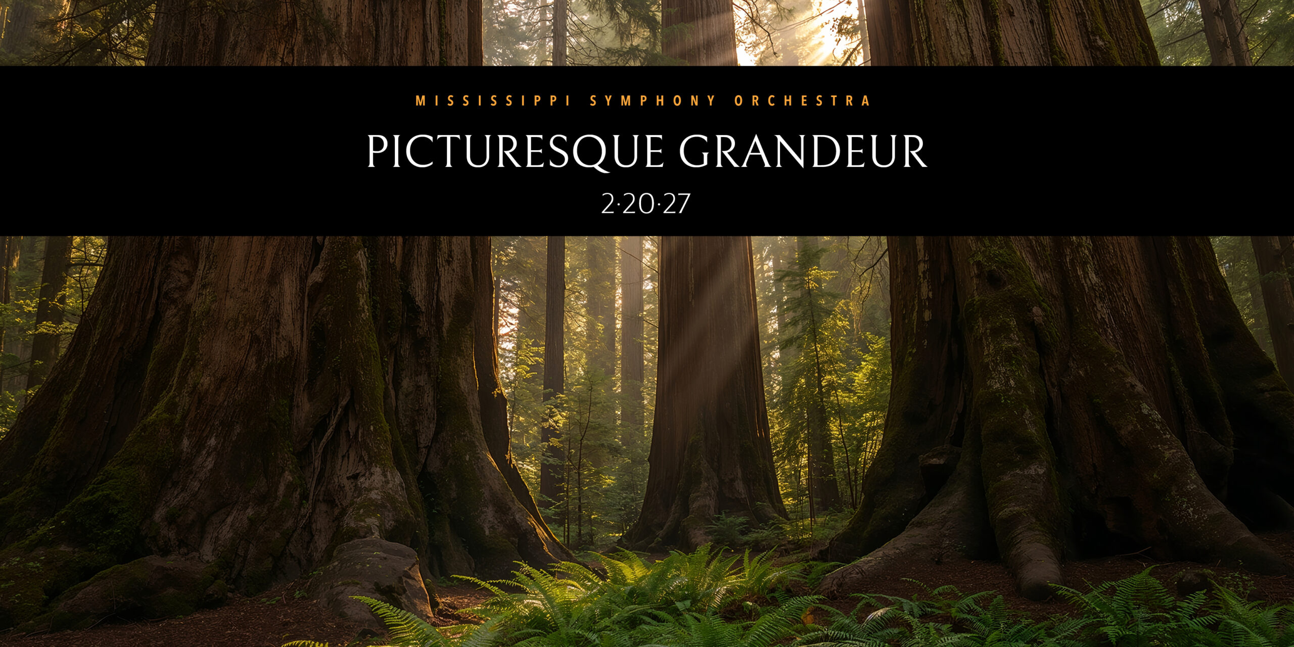 Picturesque Grandeur concert promotional graphic featuring redwood forest trees