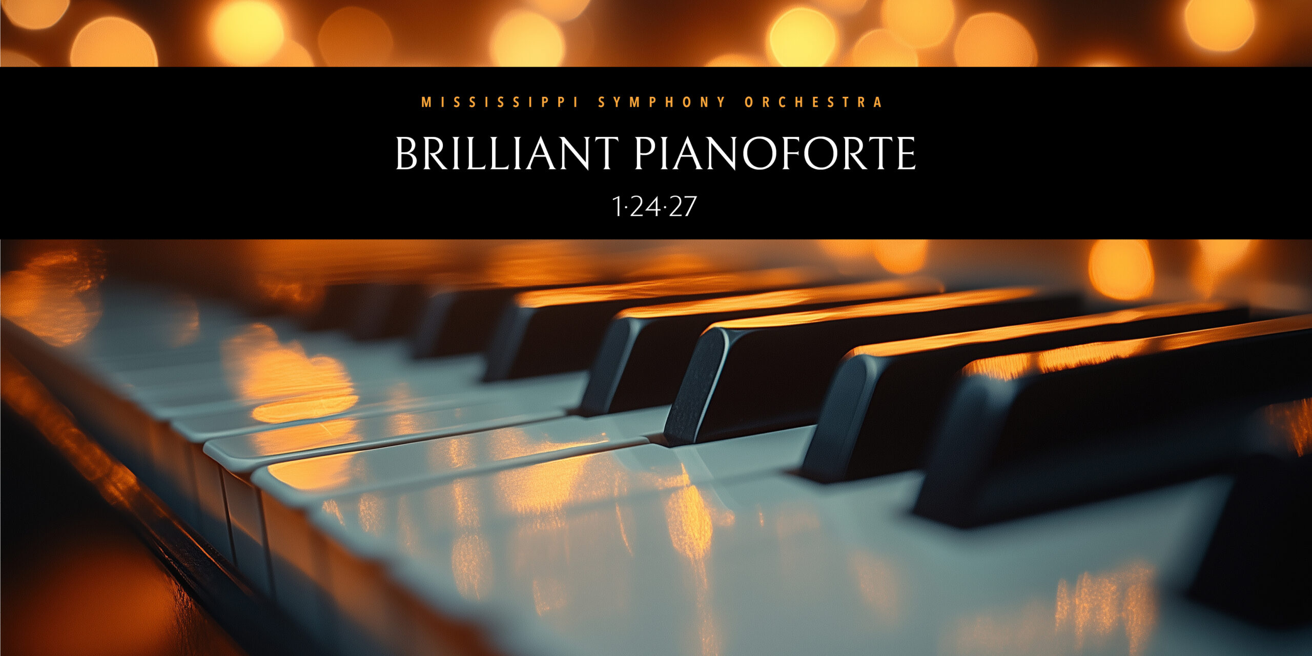 Brilliant Pianoforte concert promotional graphic featuring a piano keyboard