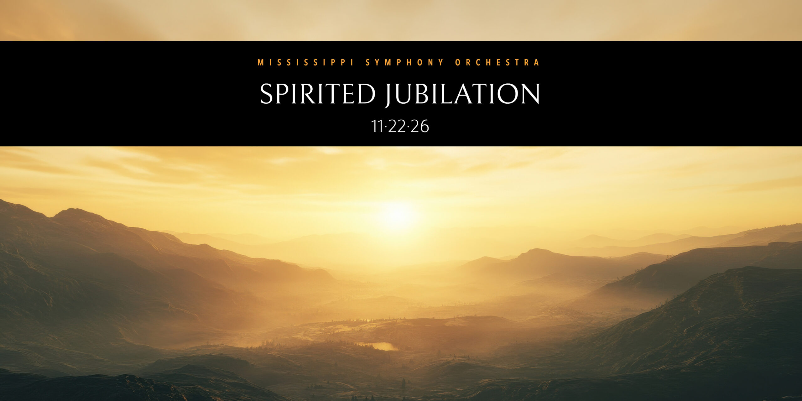 Spirited Jubilation concert promotional graphic featuring a golden sunrise over mountains