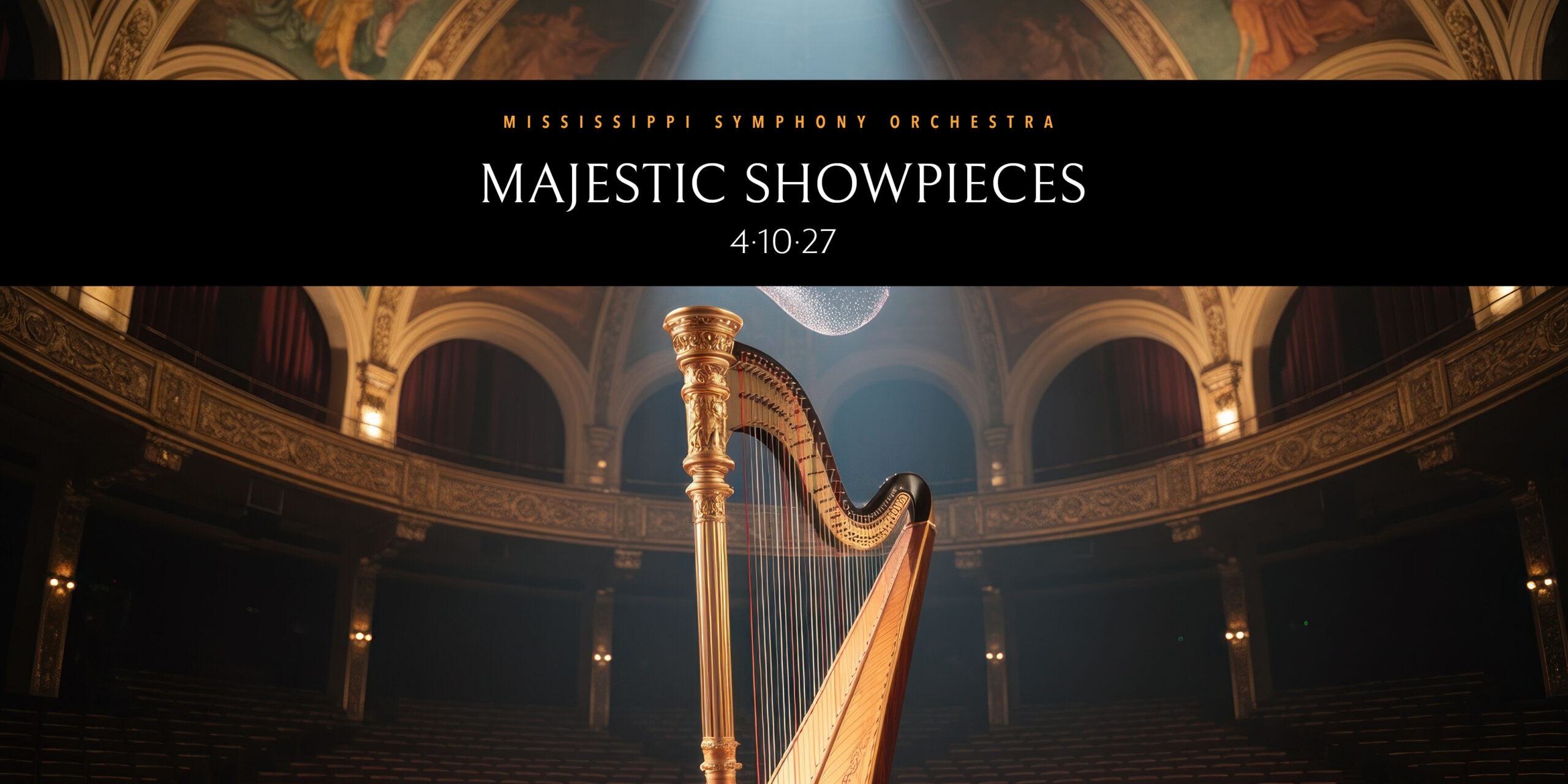Majestic Showpieces - gold harp on stage at Thalia Mara Hall, promotional image for the Mississippi Symphony Orchestra Masterworks Series concert, April 10, 2027