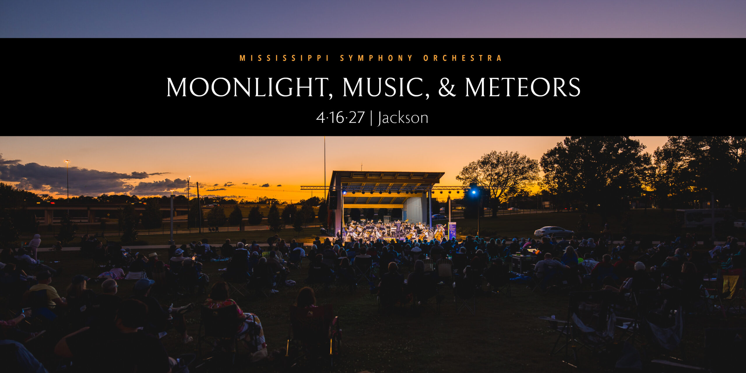 Moonlight, Music & Meteors - outdoor evening concert crowd at The Den in LeFleur's Bluff State Park, promotional image for the Mississippi Symphony Orchestra Open-Air Showcase concert, April 16, 2027