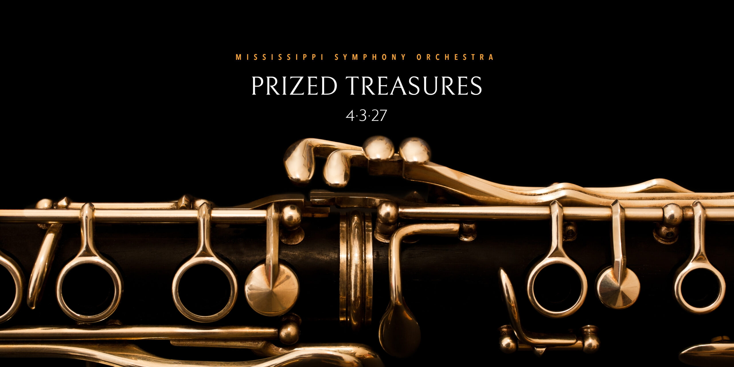 Prized Treasures - close-up clarinet keys promotional image for the Mississippi Symphony Orchestra Chamber Series concert, April 3, 2027
